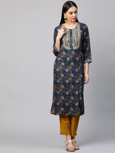 

FASHOR Women Teal Ethnic Printed Straight Kurta