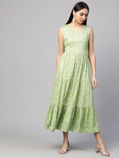 

FASHOR Green & Off White Ethnic Motifs Ethnic Maxi Dress With Chikankari Jacket