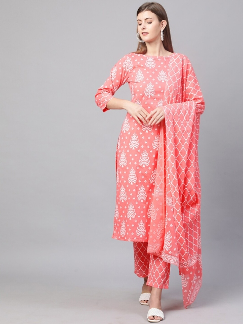 

FASHOR Women Peach Ethnic Motifs Printed Pure Cotton Kurta with Trousers & Dupatta