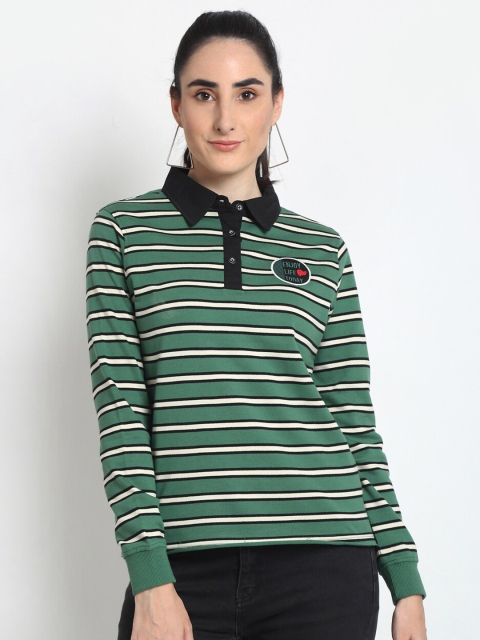 

Club York Women Green Striped Polo Collar Applique Running T-shirt