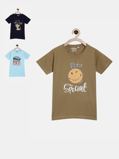 

American Kids Kids Pack of 3 Navy Blue & Khaki Printed Printed Pure Cotton T-shirt