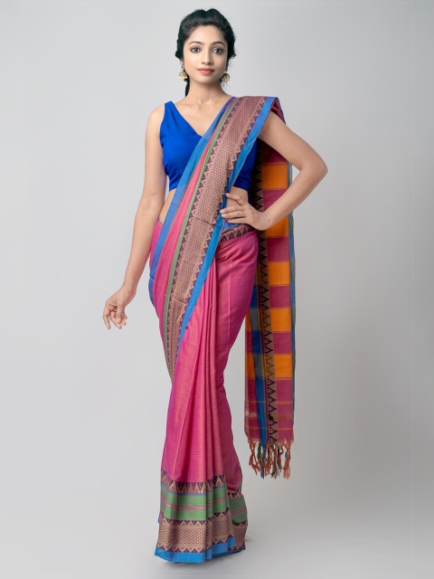 

Unnati Silks Pink & Blue Woven Design Pure Cotton Handloom Sustainable Narayan Peth Saree