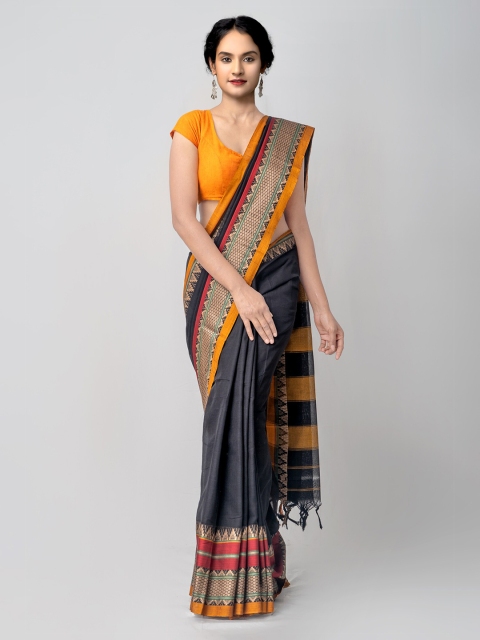 

Unnati Silks Black & Mustard Woven Design Zari Pure Cotton Narayan Peth Saree
