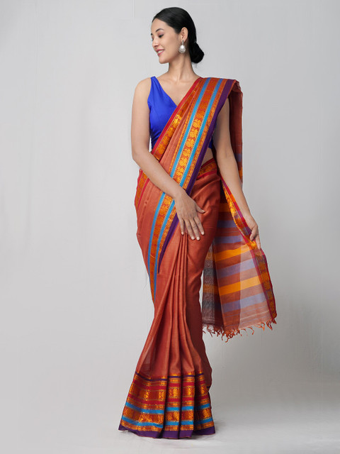 

Unnati Silks Red & Blue Woven Design Zari Pure Cotton Narayan Peth Saree