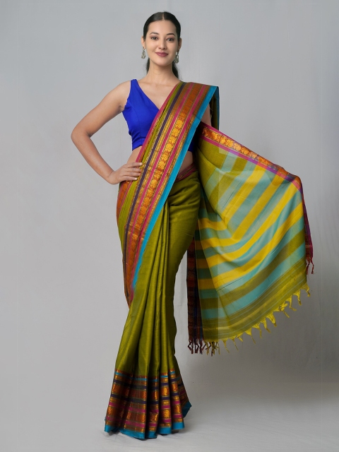 

Unnati Silks Green & Blue Ethnic Motifs Zari Pure Cotton Narayan Peth Saree