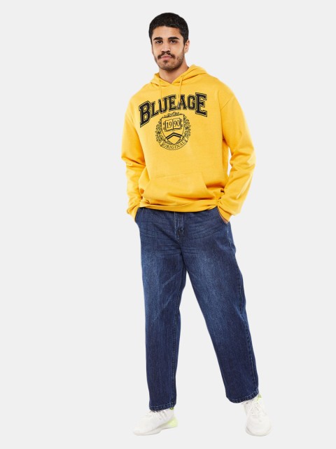 

BLUEAGE Men Mustard Yellow Printed Hooded Sweatshirt