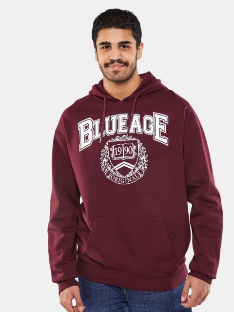 

BLUEAGE Men Maroon Printed Hooded Sweatshirt