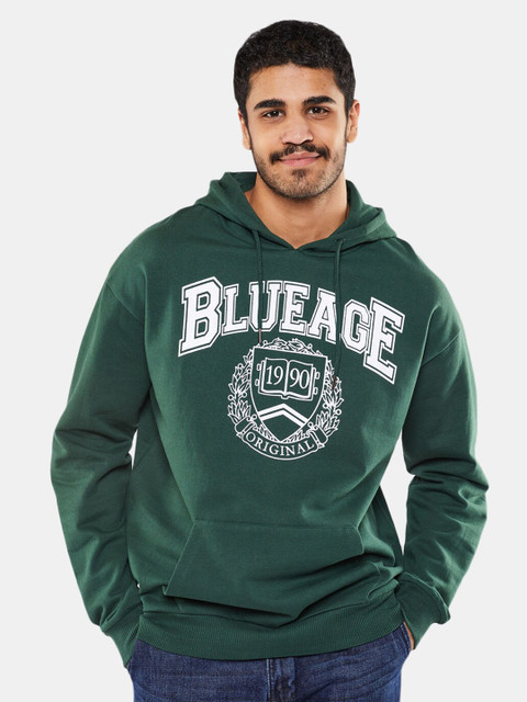 

BLUEAGE Men Green Printed Hooded Sweatshirt