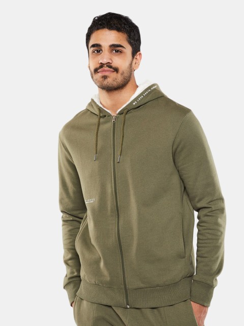 

BLUEAGE Men Olive Green Pure Cotton Hooded Sweatshirt