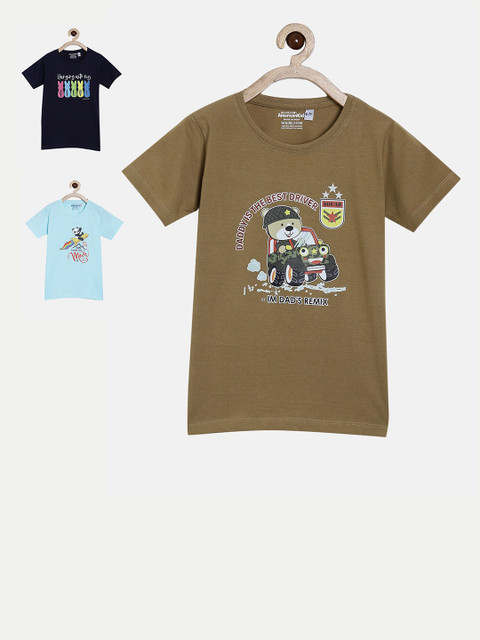 

American Kids Blue & Khaki Set of 3 Printed Cotton T-shirt