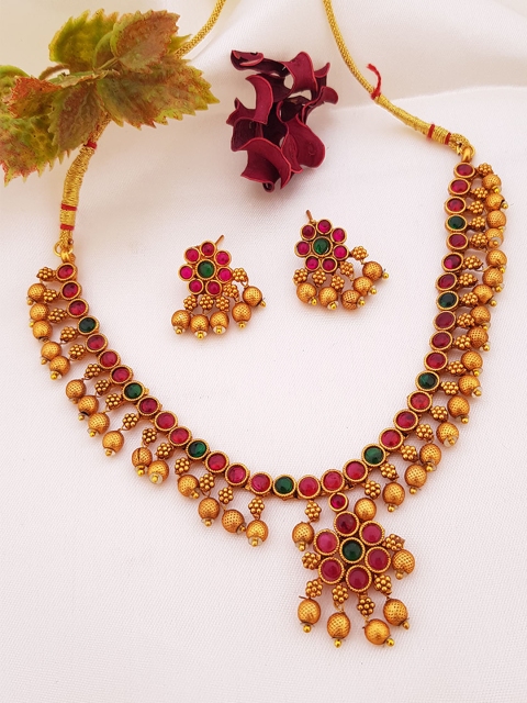 

GRIIHAM Gold-Plated Pink & Green AD-Studded Jewellery Set