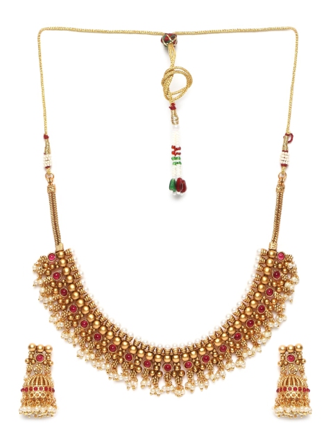 

GRIIHAM Gold-Plated Pink & White AD-Studded & Pearls Beaded Jewellery Set