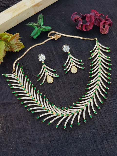 

GRIIHAM Gold-Plated White & Green AD-Studded Jewellery Set
