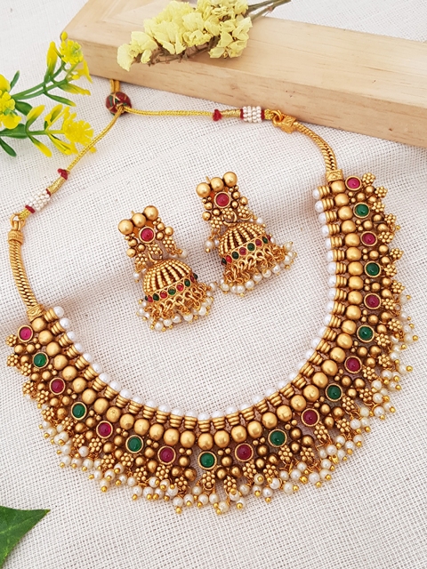 

GRIIHAM Gold-Plated Pink & Green AD-Studded & Pearls Beaded Jewellery Set
