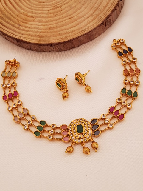

GRIIHAM Gold-Plated Green & White AD-Studded Jewellery Set