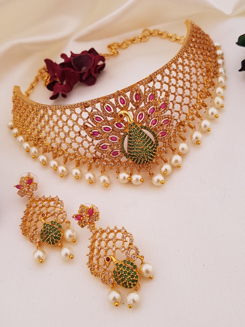 

GRIIHAM Gold-Plated Green & White AD-Studded & Pearl Beaded Jewellery Set