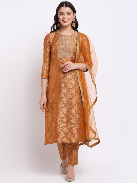 

anokherang Women Rust & Gold-Toned Floral Brocade Kurta With Trousers & Net Dupatta