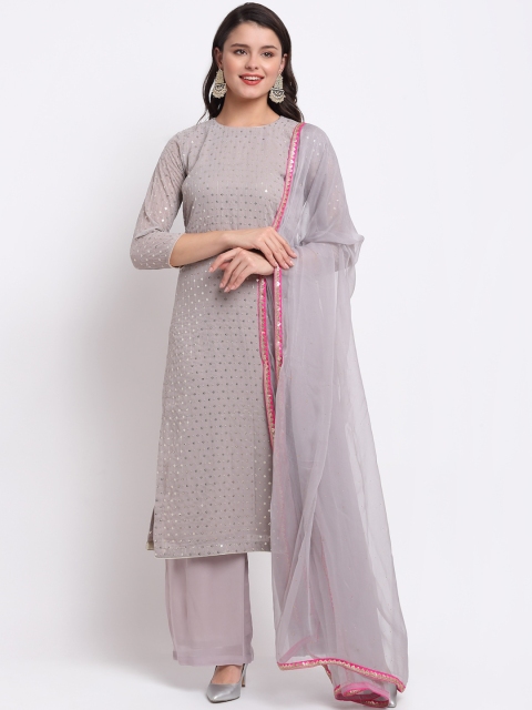 

anokherang Women Grey Embroidered Sequinned Silk Georgette Kurta with Palazzos & Dupatta