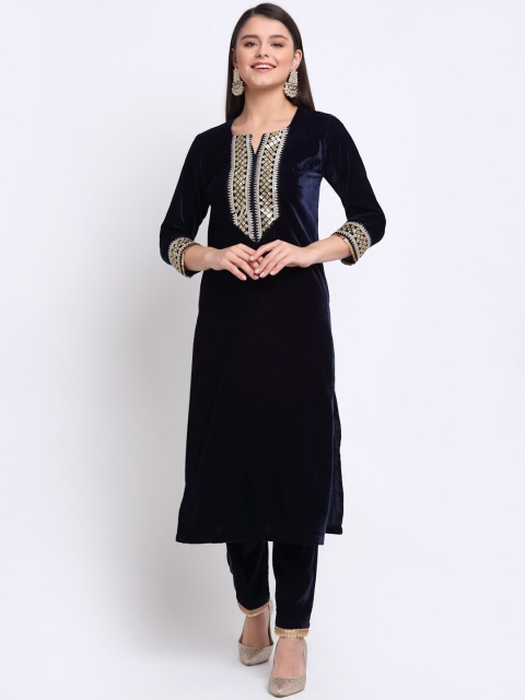 

anokherang Women Navy Blue High Slit Sequinned Velvet Kurta with Trousers