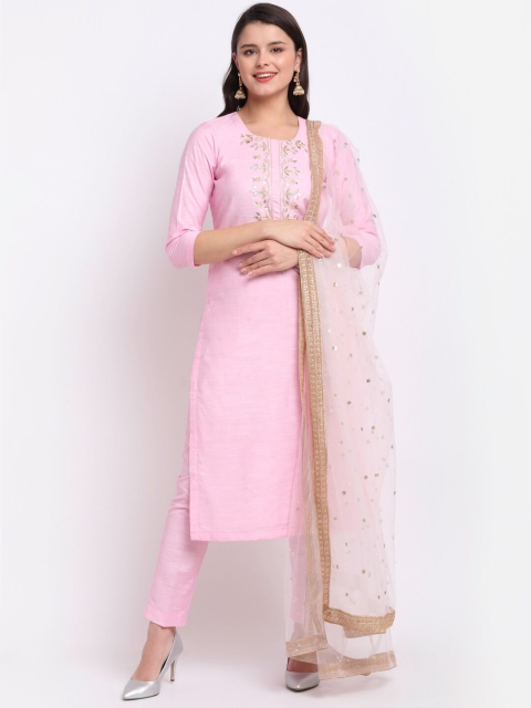 

anokherang Women Pink Yoke Design Thread Work Kurta with Trousers & Dupatta