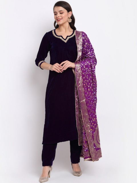 

anokherang Women Purple Layered Gotta Patti Velvet Kurta with Trousers & Dupatta