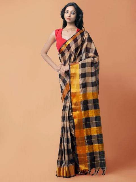 

Unnati Silks Multicoloured Checked Zari Pure Cotton Handloom Sustainble Narayan Peth Saree, Multi