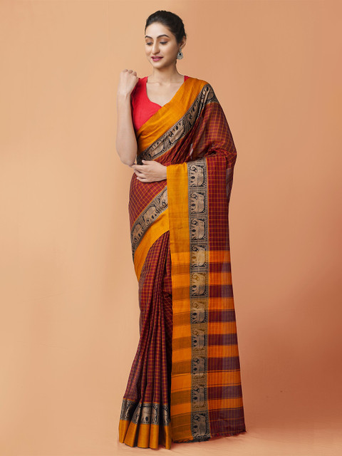 

Unnati Silks Maroon & Yellow Pure Cotton Handloom Sustainable Pavani Narayan Peth Saree