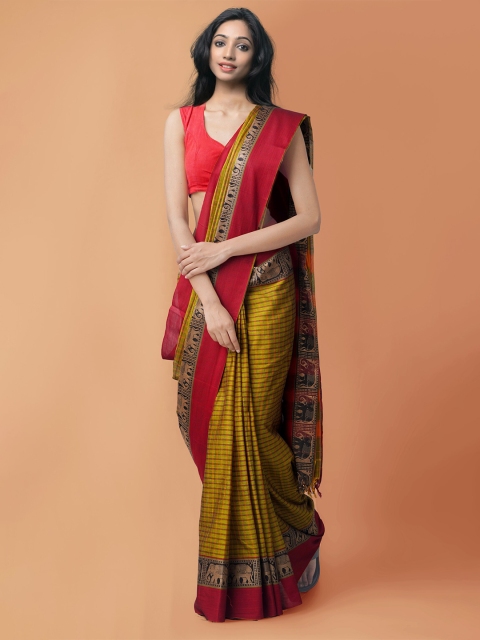 

Unnati Silks Green & Red Pure Handloom Sustainable Pavani Narayanpet Cotton Saree