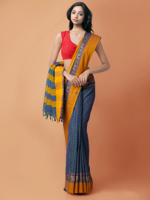 

Unnati Silks Green & Yellow Checked Pure Cotton Narayan Peth Saree