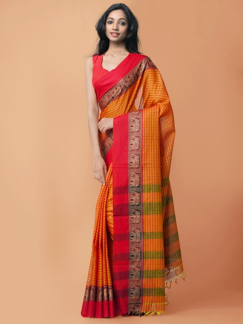 

Unnati Silks Orange & Green Checked Pure Cotton Narayan Peth Saree
