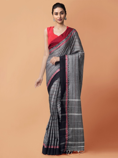 

Unnati Silks Grey & Pink Striped Pure Cotton Narayan Peth Saree