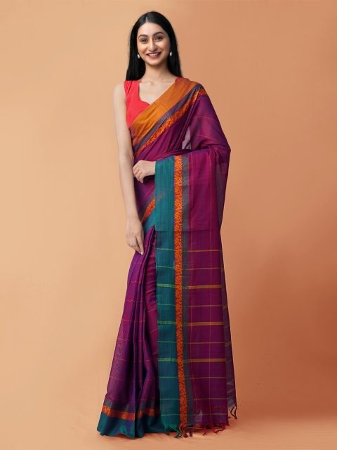 

Unnati Silks Purple & Green Striped Pure Cotton Narayan Peth Saree