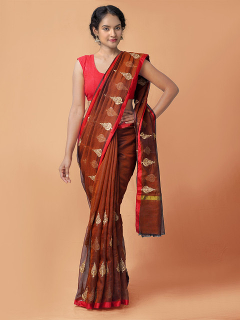 

Unnati Silks Brown & Gold-Toned Ethnic Motifs Silk Blend Kota Saree