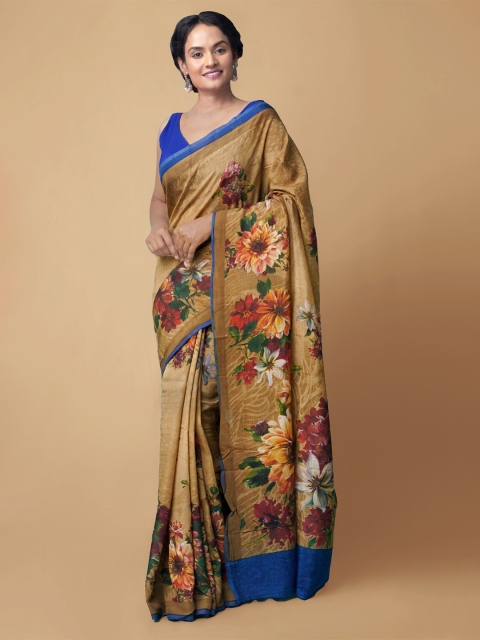 

Unnati Silks Brown & Blue Floral Silk Blend Block Print Saree