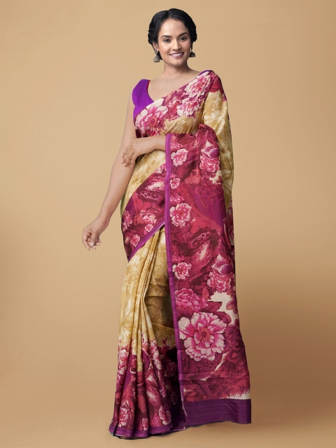 

Unnati Silks Brown & Magenta Ethnic Motifs Silk Blend Block Print Saree