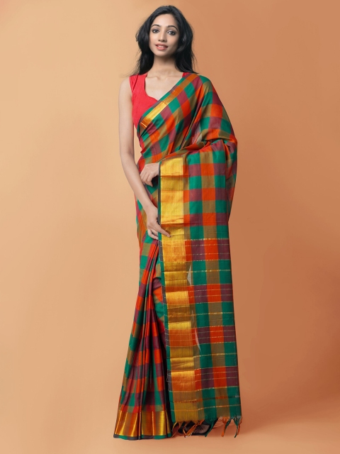

Unnati Silks Green & Red Zari Pure Cotton Handloom Sustainable Pavani Narayan Peth Saree