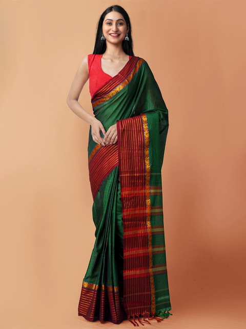 

Unnati Silks Green & Maroon Zari Pure Cotton Narayan Peth Saree