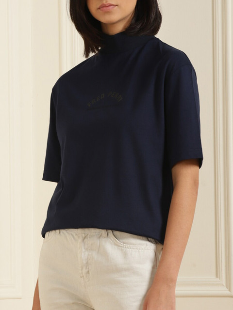 

Fred Perry Women Blue High Neck Pure Cotton T-shirt