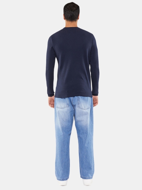

BLUEAGE Men Navy Blue V-Neck Pockets T-shirt