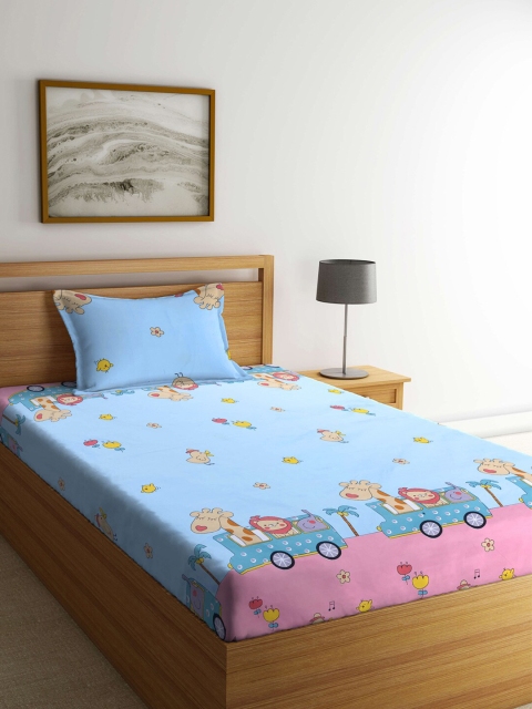 

KLOTTHE Blue & Pink Cartoon Characters 210 TC Single Bedsheet with 1 Pillow Covers