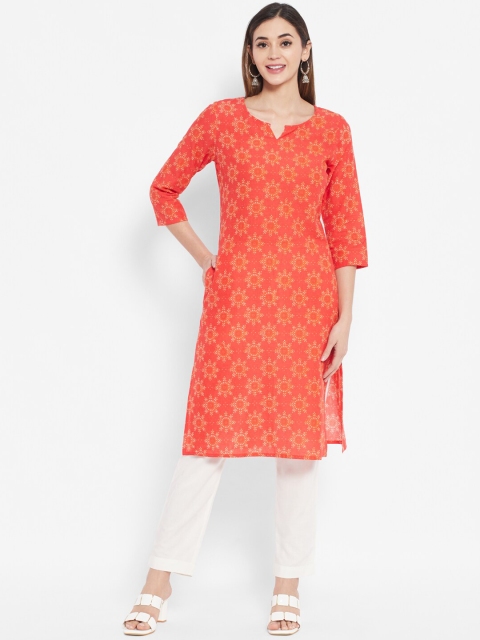 

DESI BEATS Women Orange Cotton Ethnic Motifs Printed Straight Kurta