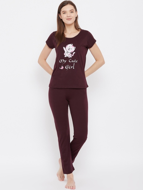 

FRENCH FLEXIOUS Women Burgundy & White Printed Night suit