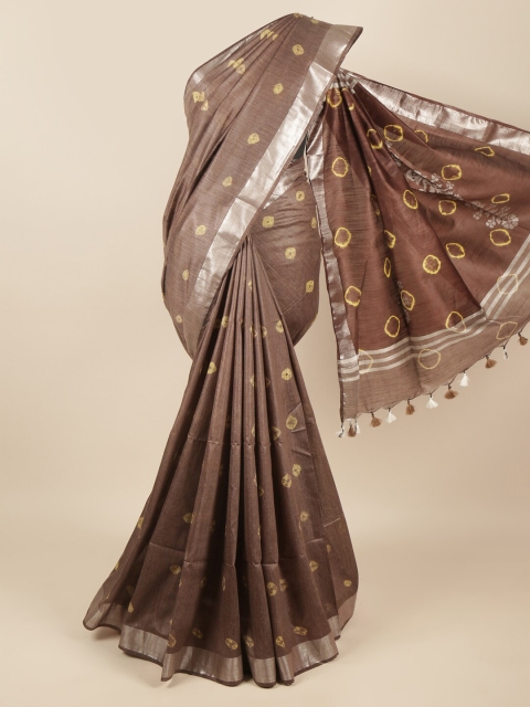 

Pothys Brown & Yellow Bandhani Zari Jute Cotton Saree