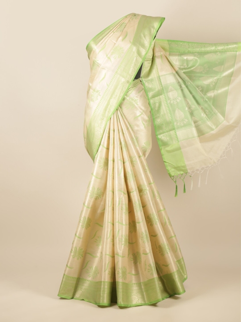 

Pothys Cream-Coloured & Green Floral Zari Tissue Saree