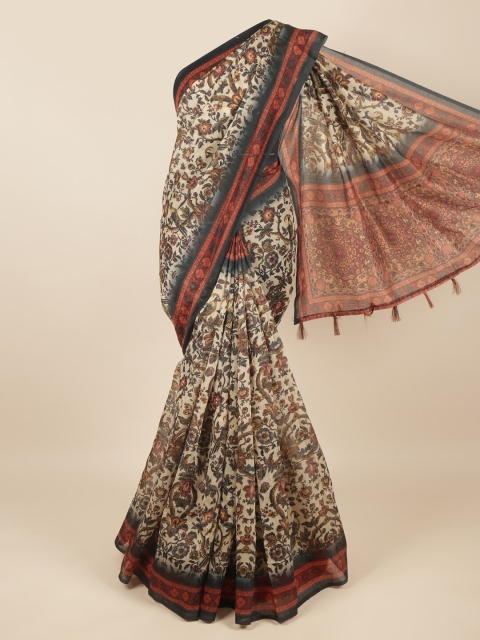 

Pothys Cream-Coloured & Navy Blue Floral Jute Silk Saree