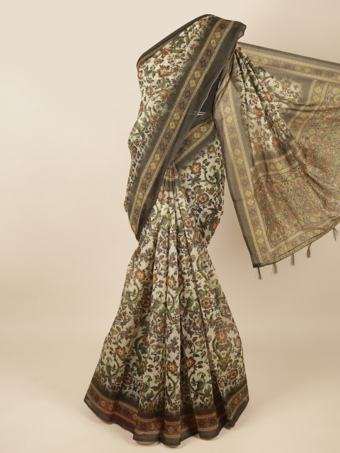 

Pothys Green & Beige Floral Printed Jute Silk Saree