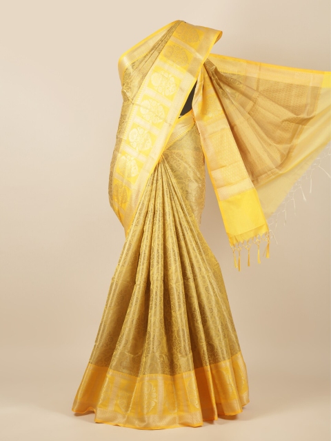 

Pothys Mustard & Gold-Toned Floral Zari Tissue Saree