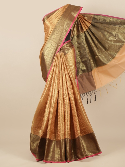 

Pothys Peach-Coloured & Gold-Coloured Ethnic Motifs Zari Tissue Saree