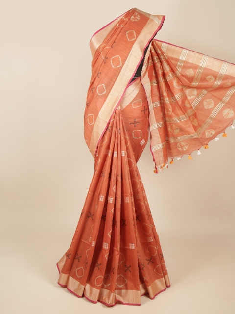 

Pothys Peach-Coloured & Gold-Toned Bandhani Zari Jute Silk Saree