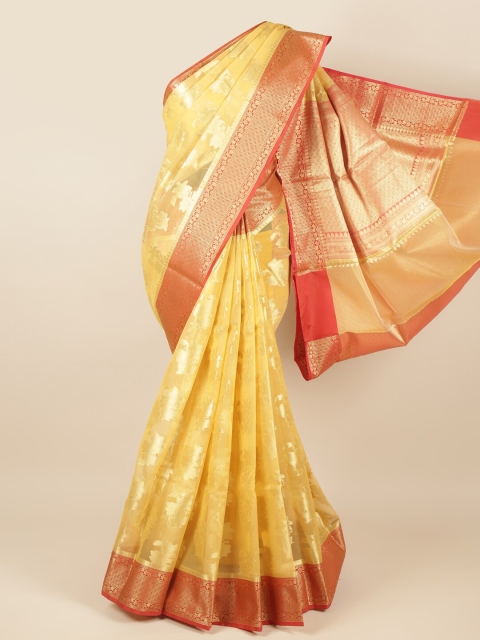 

Pothys Mustard Yellow & Red Ethnic Motifs Zari Tissue Saree